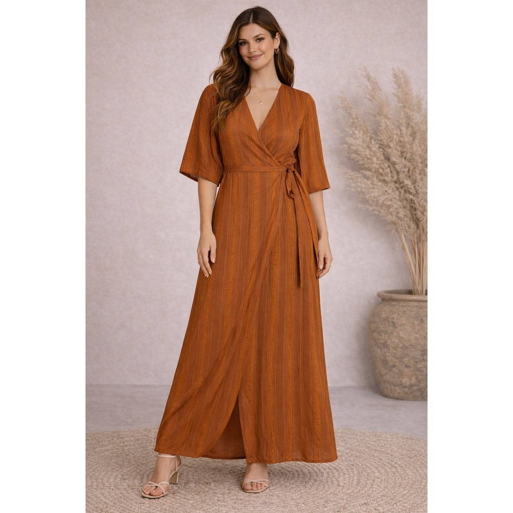 Liquorish Rust Orange Wrap Dress Kimono Sleeve Maxi Womens US‎ 6 EU 38